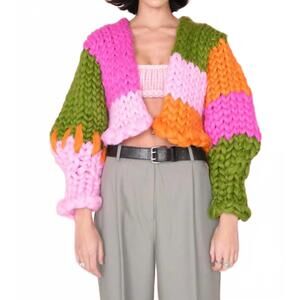 NEW HOPE MACAULAY ariel colossal knit jacket in dark green/hot pink/barbie pink/